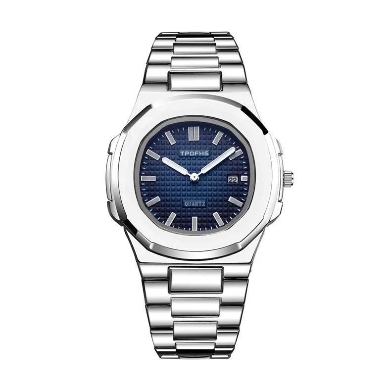 Relógio masculino aço inoxidável com mostrador azul e pulseira prateada.