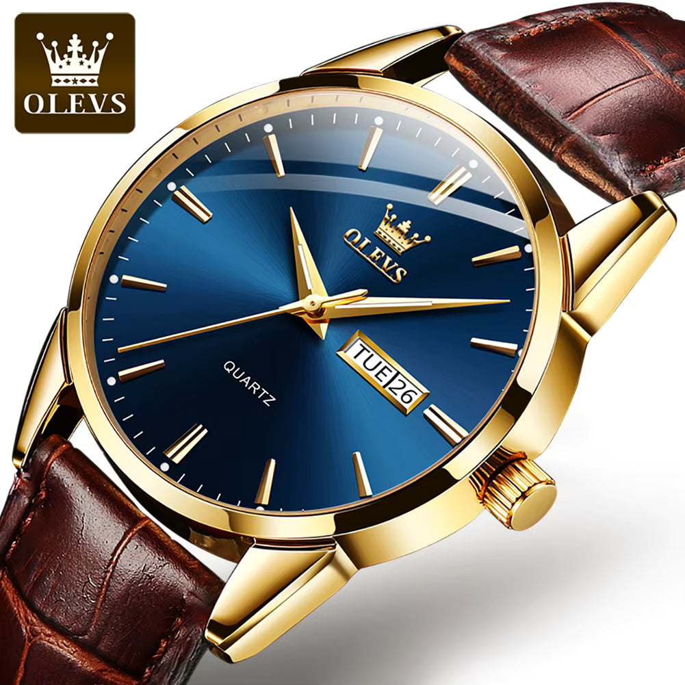 Relógio OLEVS Azul Dourado masculino com pulseira de couro
