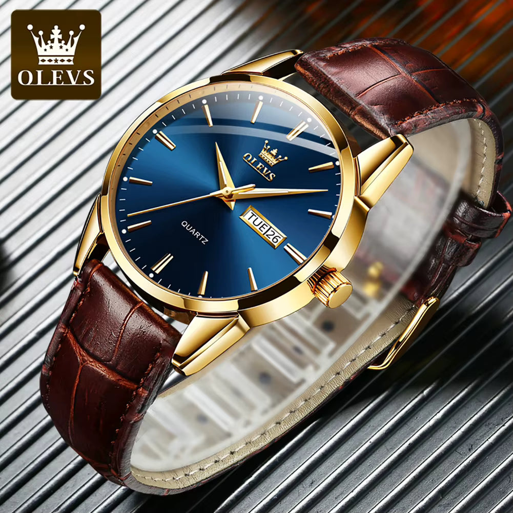 Relógio OLEVS Azul Dourado masculino com pulseira de couro
