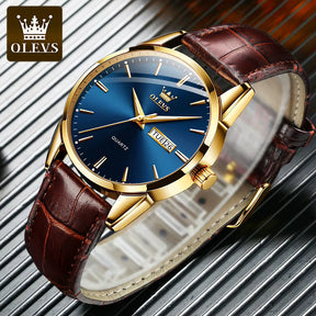 Relógio OLEVS Azul Dourado masculino com pulseira de couro