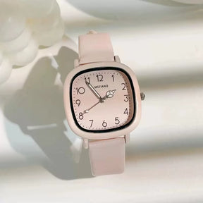 Relógio feminino rosa quadrado com mostrador delicado e pulseira silicone