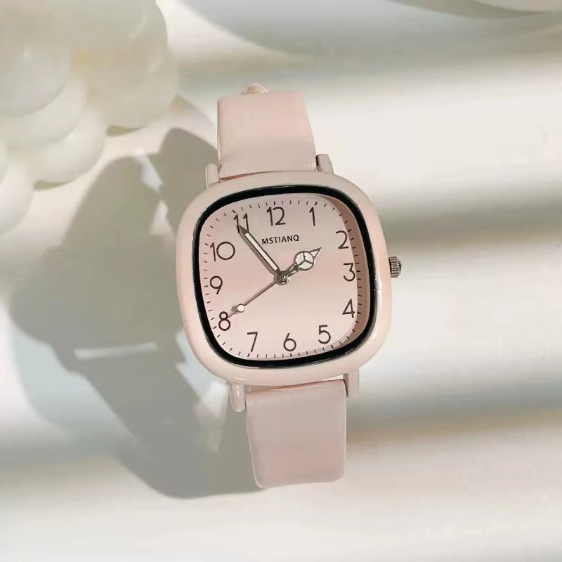 Relógio feminino rosa quadrado com mostrador delicado e pulseira silicone