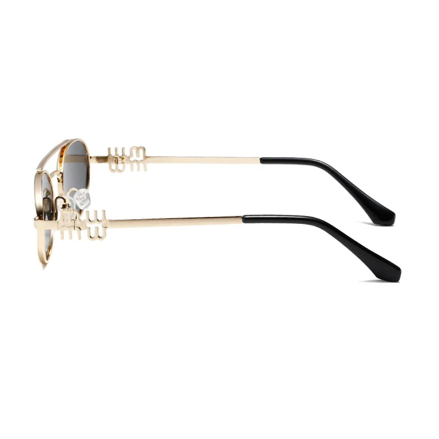 Óculos oval dourado feminino com armação metálica e lente escura UV400, estilo retrô minimalista


