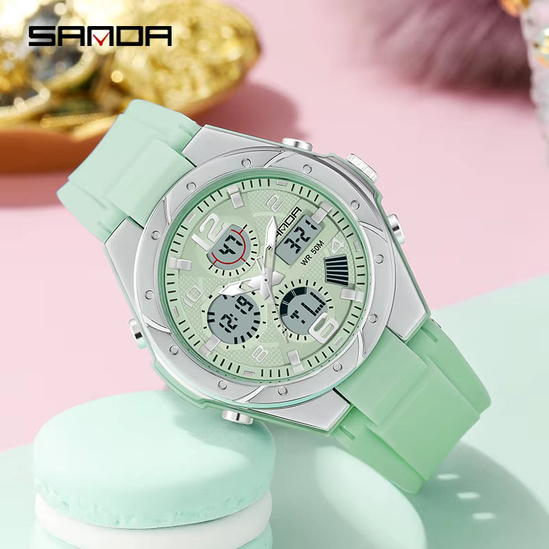 Relógio SANDA verde com mostrador digital e pulseira silicone.