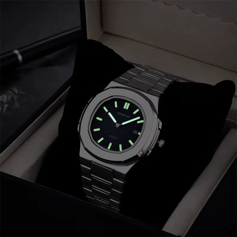 Relógio masculino aço inoxidável com mostrador azul e pulseira prateada.