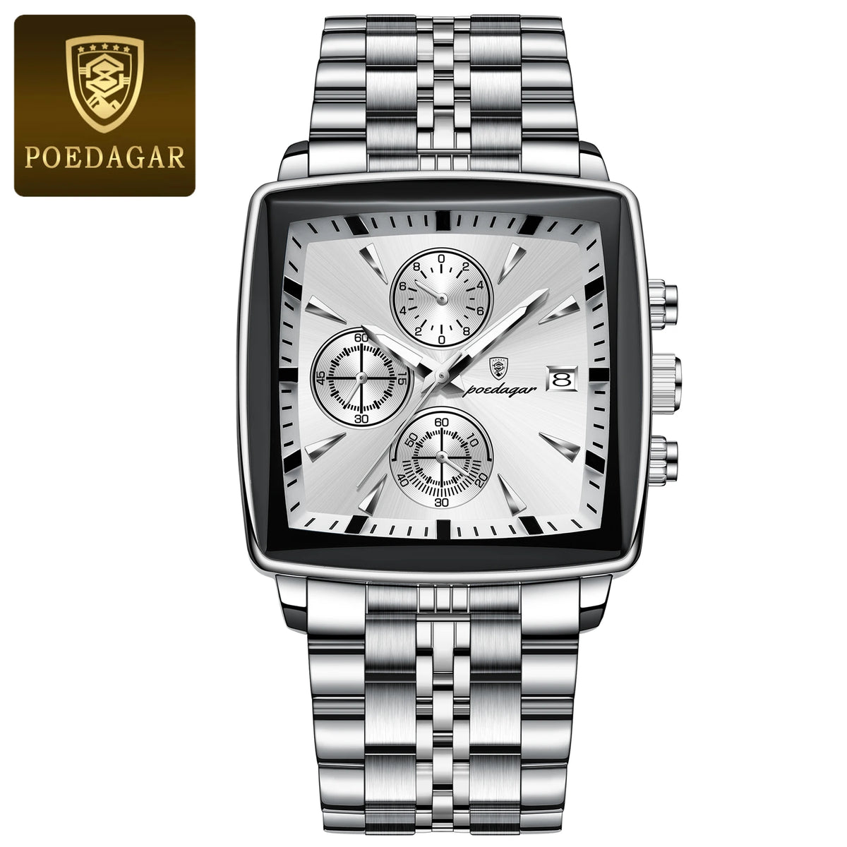 Relógio POEDAGAR branco prateado masculino com pulseira em aço inox e mostrador claro