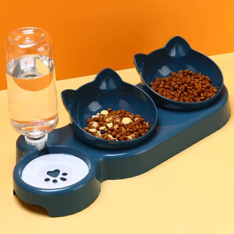 Tigelas triplas para gatos, alimentador para animais de estimação, tigelas duplas 2 em 1 com bebedouro automático, design inclinado e giratório para cães e gatos