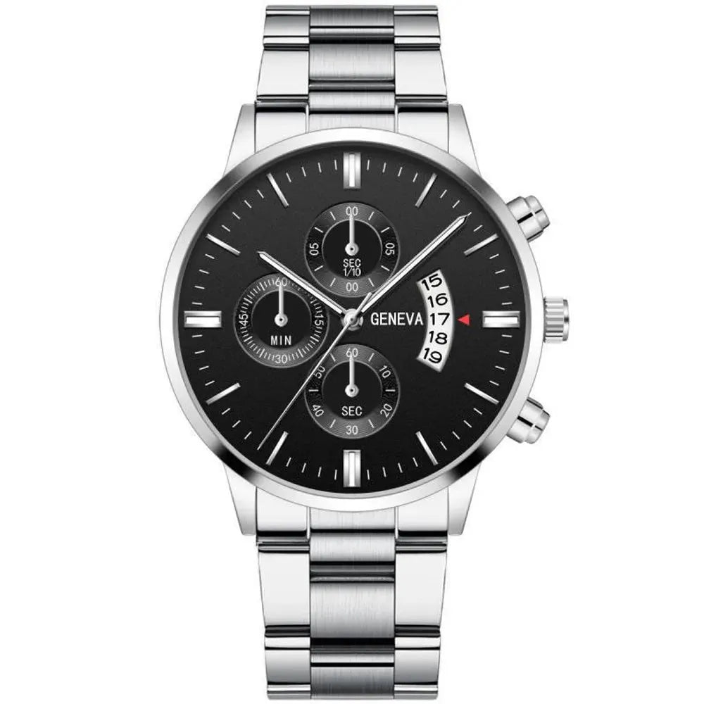 Relógio Mônaco masculino prata com mostrador preto e pulseira em aço inoxidável