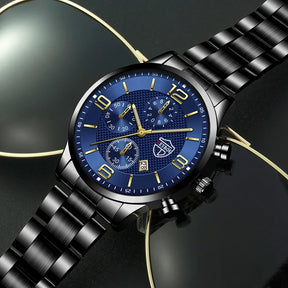 Relógio masculino DEYROS preto com mostrador azul e pulseira de aço inox resistente