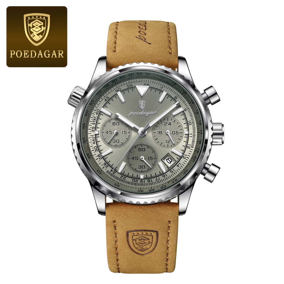 Relógio masculino POEDAGAR prata com pulseira de couro e mostrador cronógrafo sofisticado