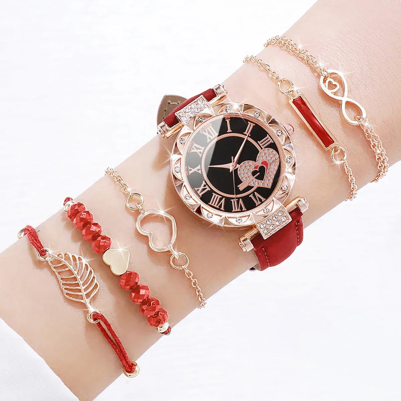 6 Pçs/set Relógio Feminino Moda Roma Coração Dial Pulseira de Couro Relógios de Quartzo Conjunto de Pulseiras de Folha (Sem Caixa)