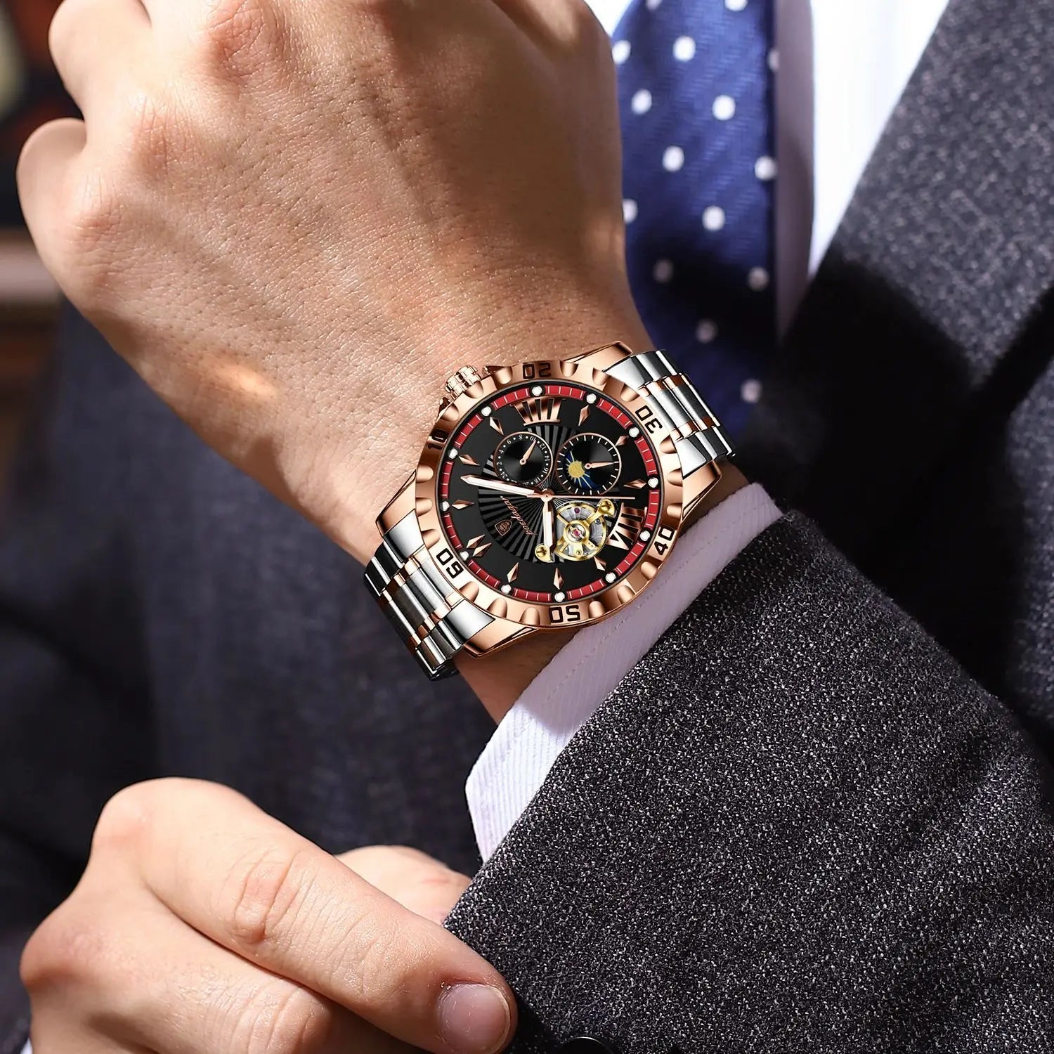 Relógio POEDAGAR automático turbilhão em aço inoxidável nas cores Rose Gold, Prata e Preto.