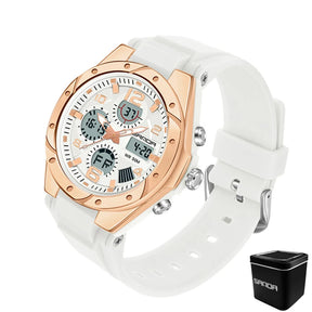 Relógio SANDA branco com mostrador digital e pulseira silicone.