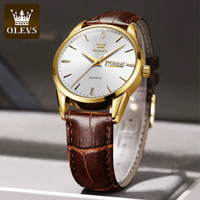 Relógio OLEVS Branco Dourado masculino com pulseira de couro