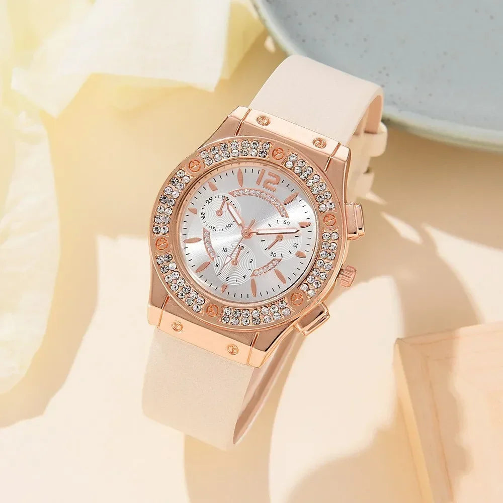 Relógio feminino branco com cristais e pulseira rosa flor sofisticada.