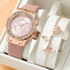 Relógio feminino rosa luxo com cristais e pulseira rosa flor charmosa.