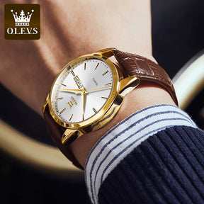 Relógio OLEVS Branco Dourado masculino com pulseira de couro