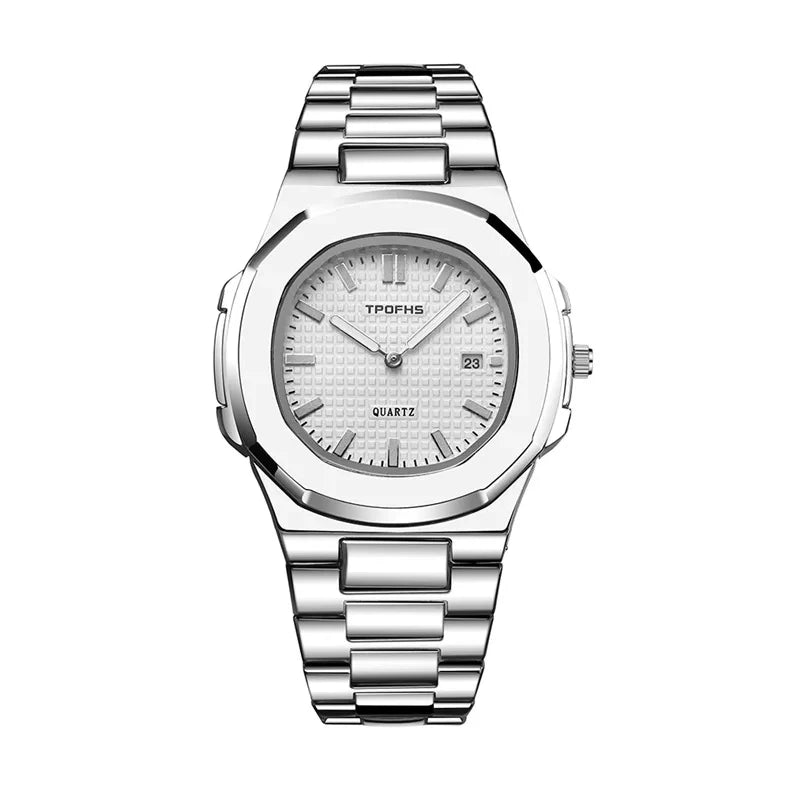 Relógio masculino aço inoxidável com mostrador branco e pulseira prateada.