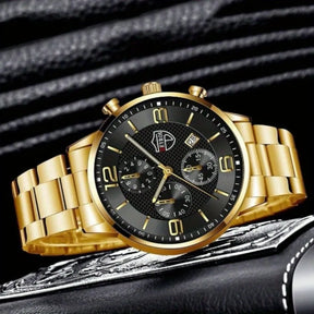 Relógio masculino DEYROS com pulseira dourada e mostrador preto elegante e sofisticado
