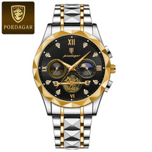 POEDAGAR Relógio de pulso masculino de luxo, Quartzo, à prova d'água, cronógrafo luminoso, relógio de aço inoxidável.