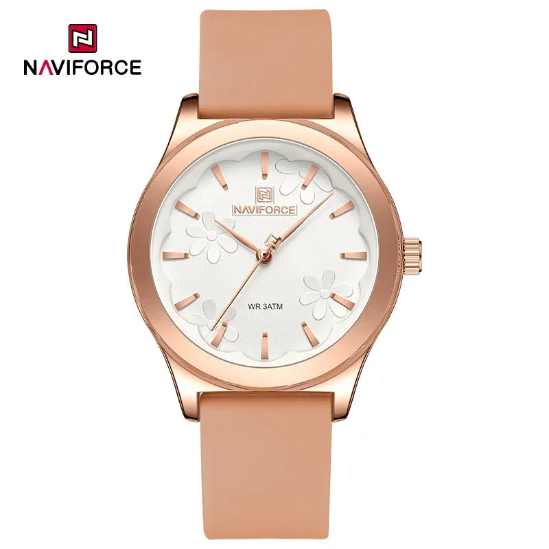 NAVIFORCE Novo estilo feminino, relógios de quartzo de alta qualidade, pulseira de sílica fumed, moda elegante relógio de pulso à prova d'água.