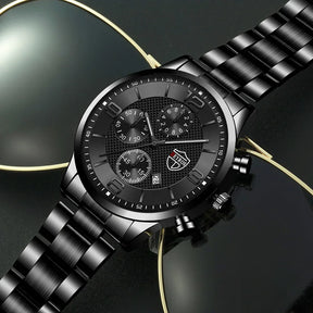 Relógio masculino preto DEYROS com pulseira de aço inoxidável e mostrador com calendário