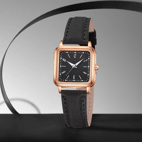 Relógio feminino quadrado preto com pulseira couro e bracelete coração dourado, design elegante e moderno.
