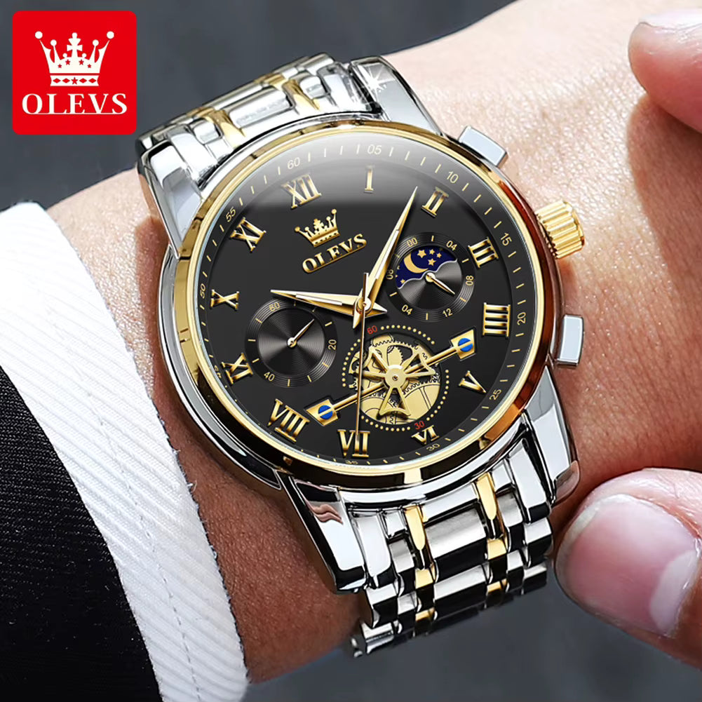 Relógio masculino OLEVS preto dourado com cronógrafo e fase da lua