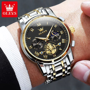 Relógio masculino OLEVS preto dourado com cronógrafo e fase da lua