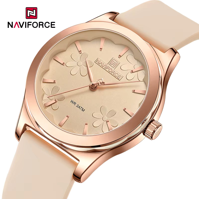 Relógio feminino bege NAVIFORCE com mostrador floral elegante
