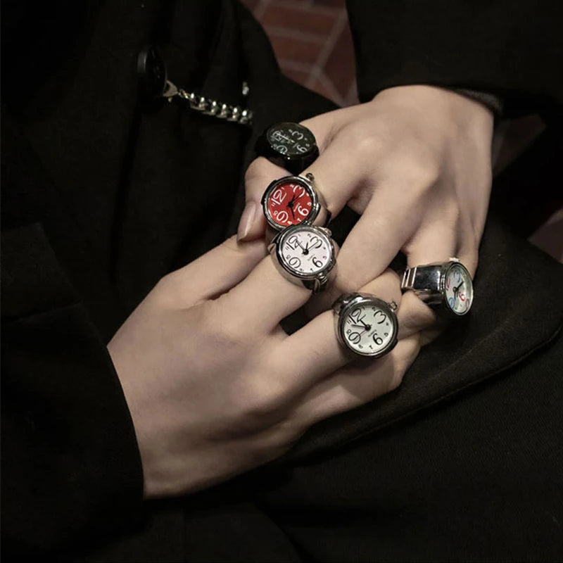 vários Aneis-Relógio Quartzo com mostrador circular e pulseira prateada ajustável