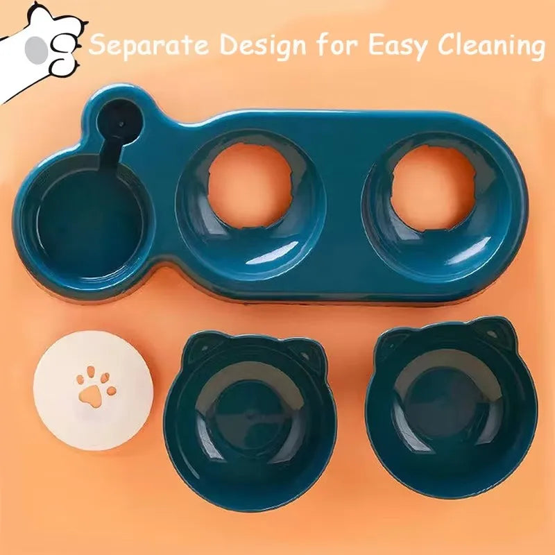 Tigelas triplas para gatos, alimentador para animais de estimação, tigelas duplas 2 em 1 com bebedouro automático, design inclinado e giratório para cães e gatos