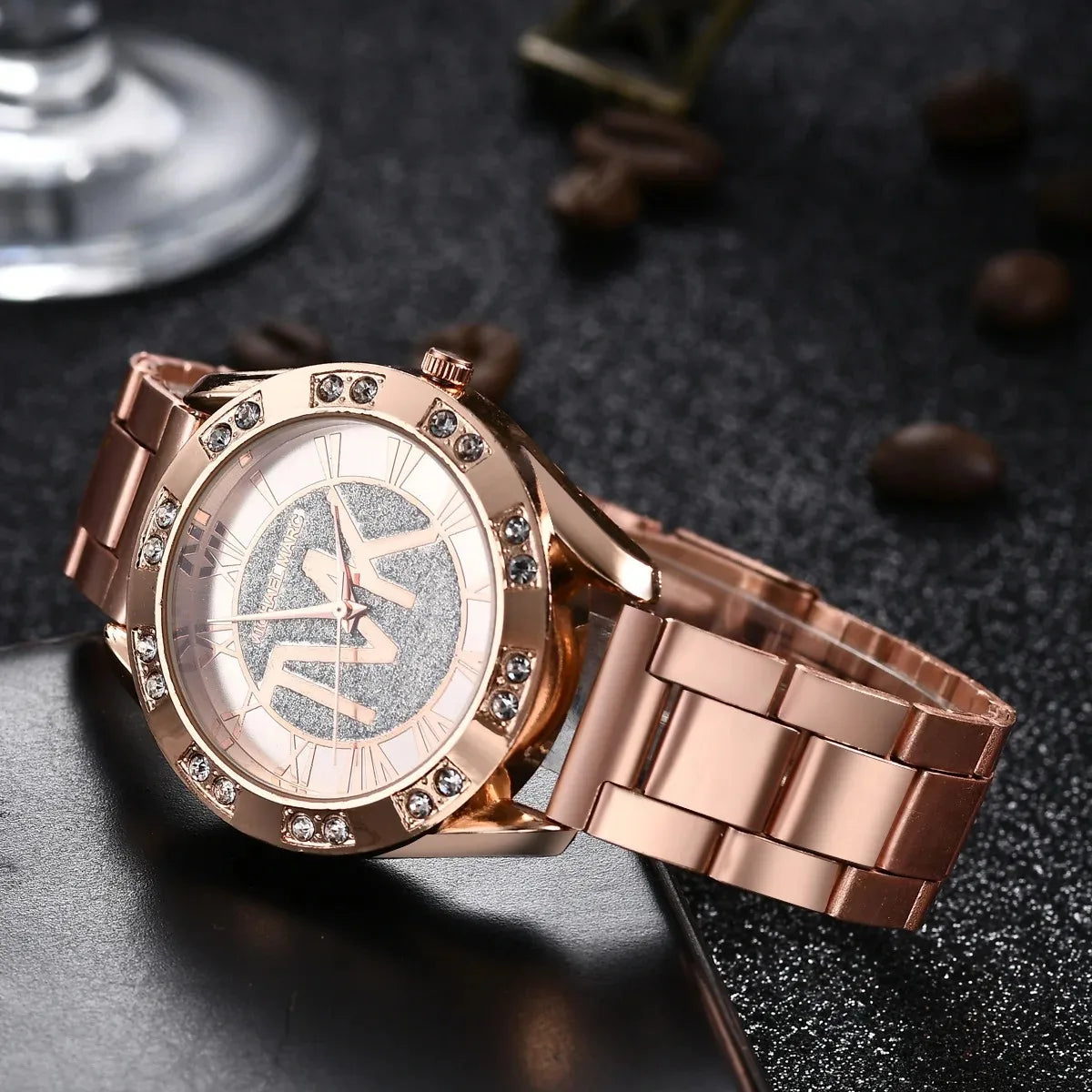 Relógio feminino luxo com cristais, pulseira de aço inoxidável.