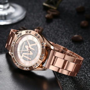 Relógio feminino luxo com cristais, pulseira de aço inoxidável.