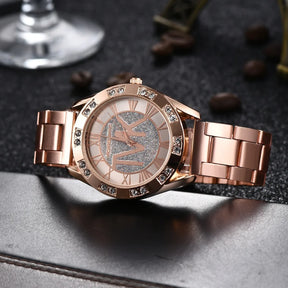 Relógio feminino luxo com cristais, pulseira de aço inoxidável.