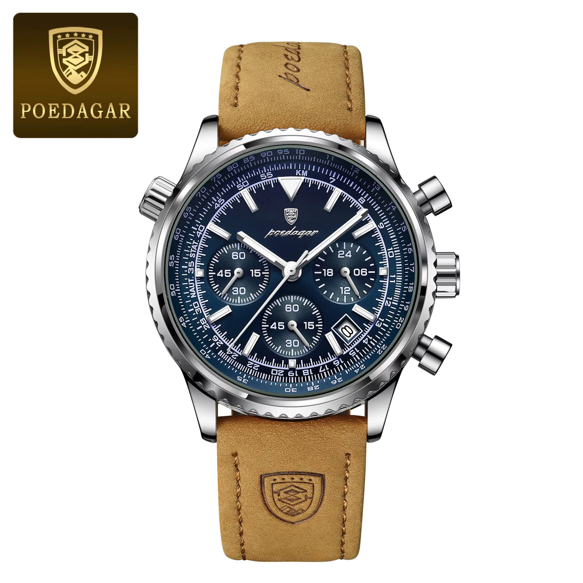 Relógio masculino POEDAGAR azul com pulseira de couro, cronógrafo e detalhes prateados