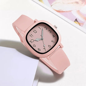 Relógio feminino rosa quadrado com mostrador delicado e pulseira silicone