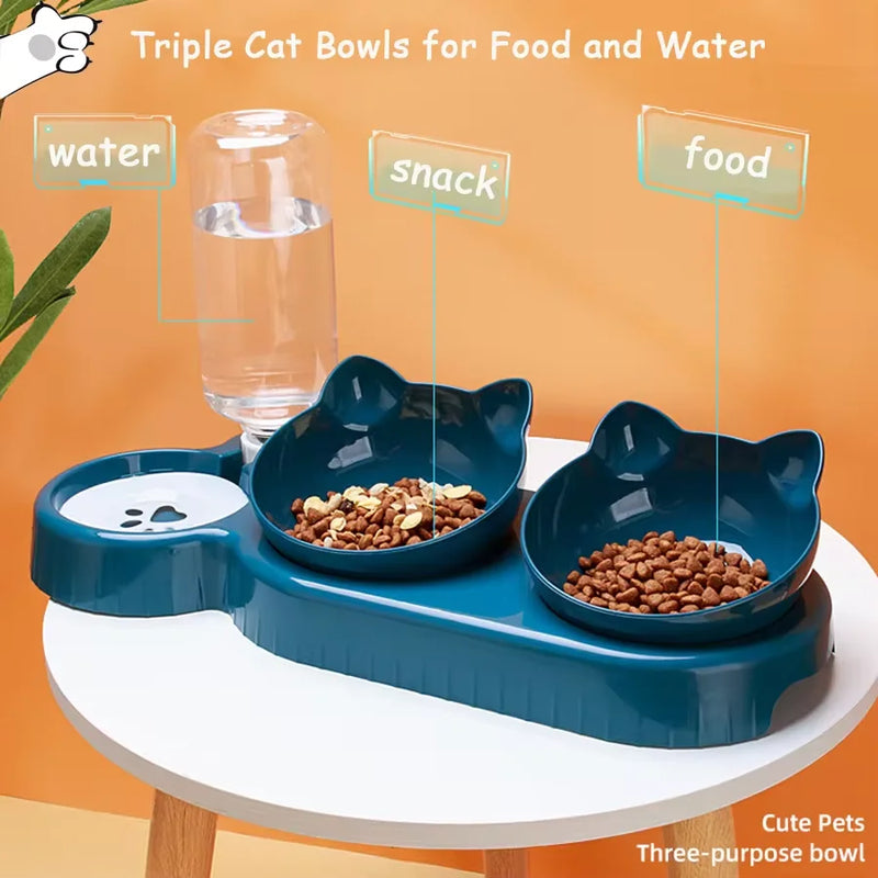 Tigelas triplas para gatos, alimentador para animais de estimação, tigelas duplas 2 em 1 com bebedouro automático, design inclinado e giratório para cães e gatos