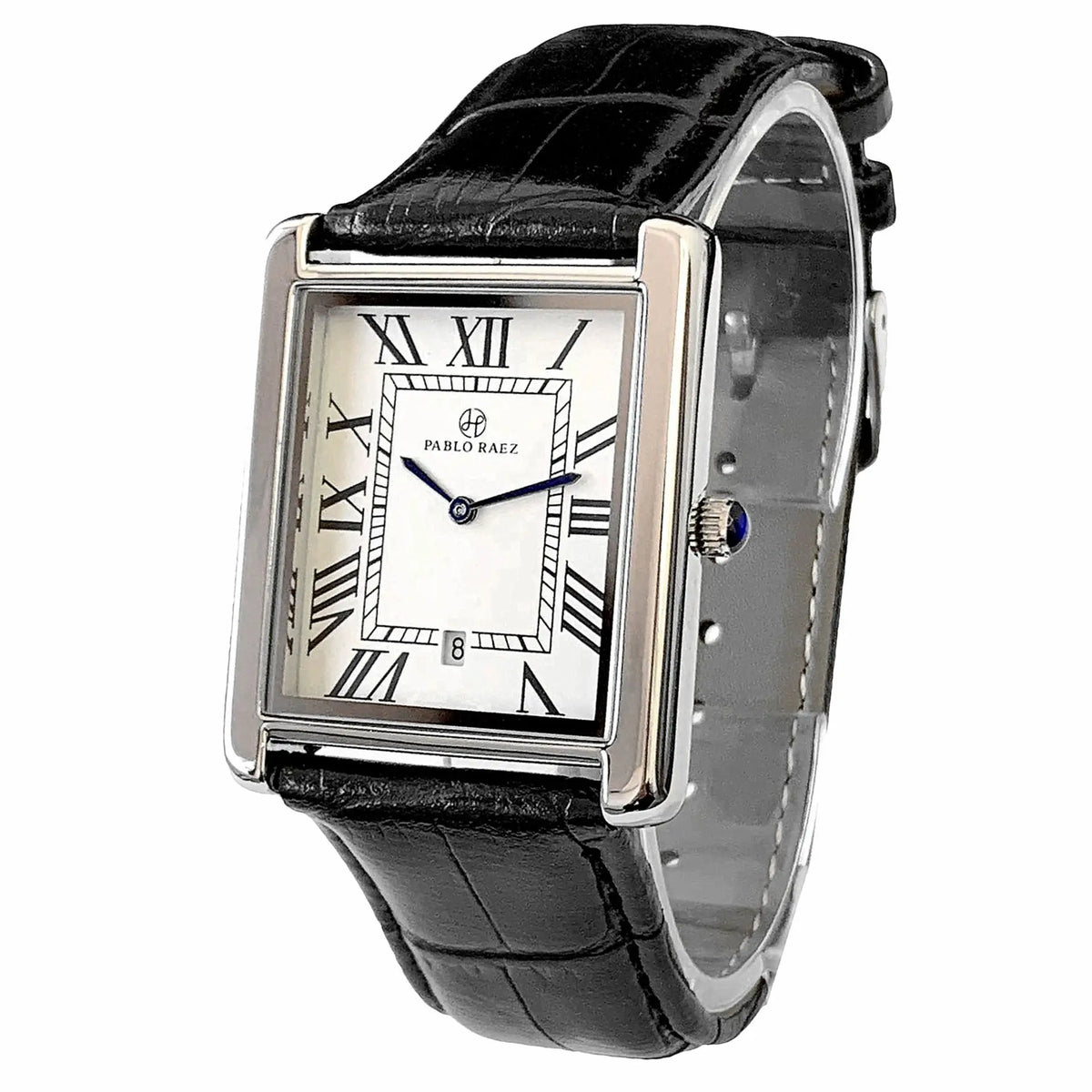 Relógio masculino quadrado com mostrador romano e pulseira de couro preto