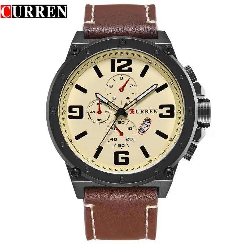 CURREN-Relógio Quartzo Masculino, Moda Exterior para atividades ao ar livre, Marrom, Preto, Pulseira de Couro, Relógio de Pulso, Presente Masculino, Cronógrafo Não Disponível.