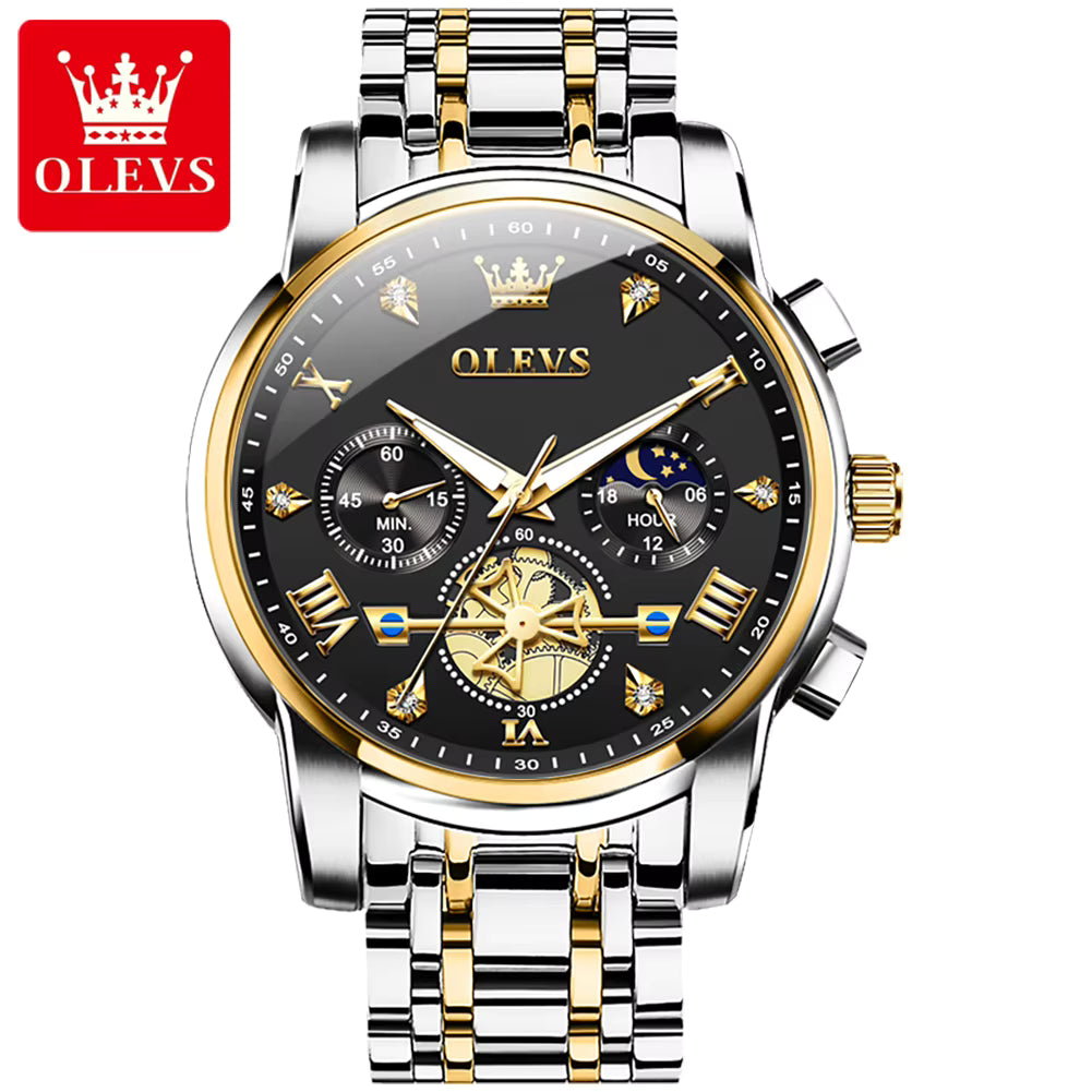 Relógio masculino OLEVS preto dourado com cronógrafo e fase da lua