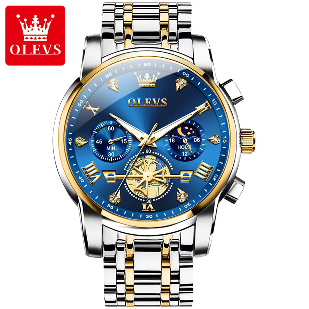 Relógio masculino OLEVS azul dourado com cronógrafo e fase da lua