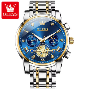 Relógio masculino OLEVS azul dourado com cronógrafo e fase da lua