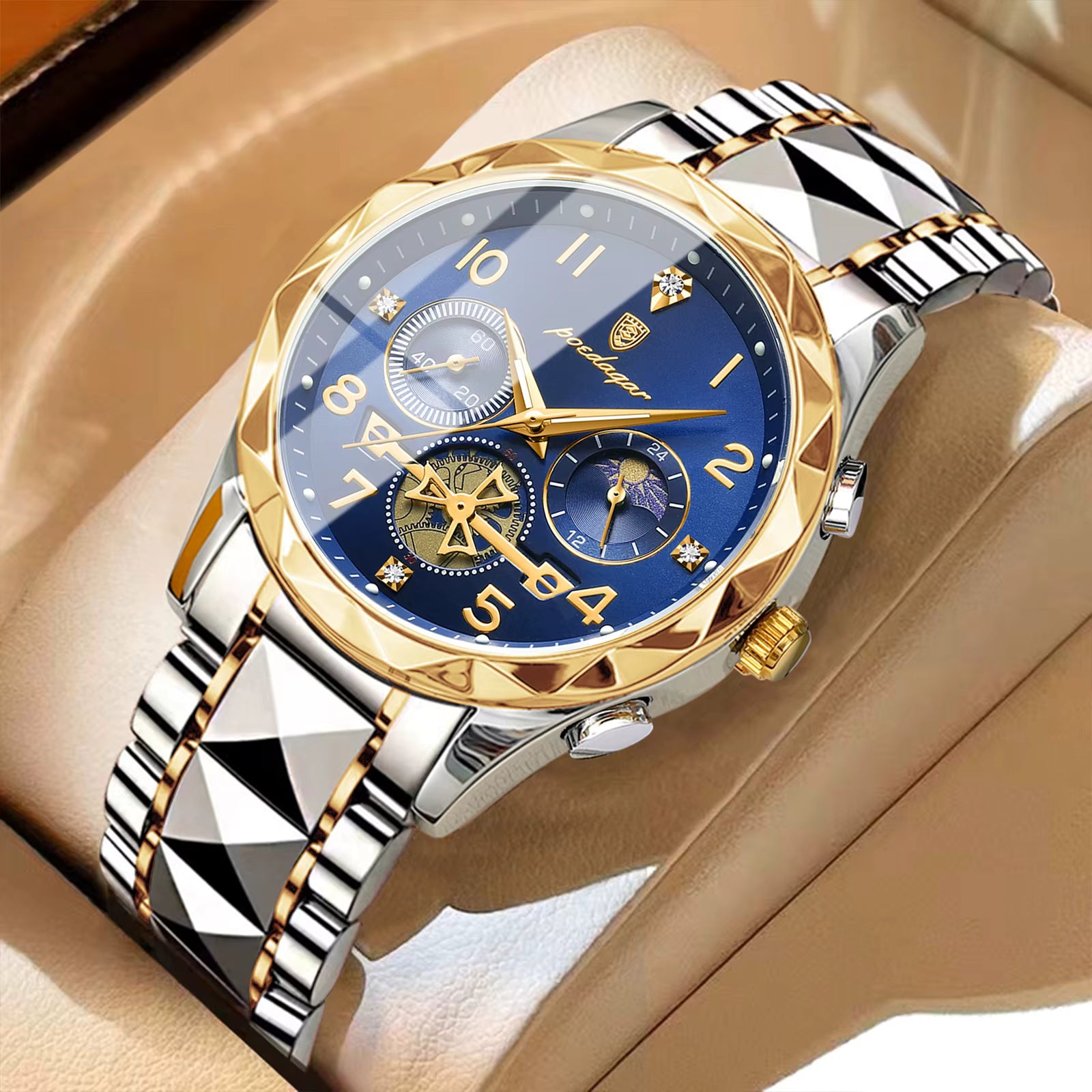Relógio masculino POEDAGAR azul dourado com cronógrafo e ponteiros luminosos