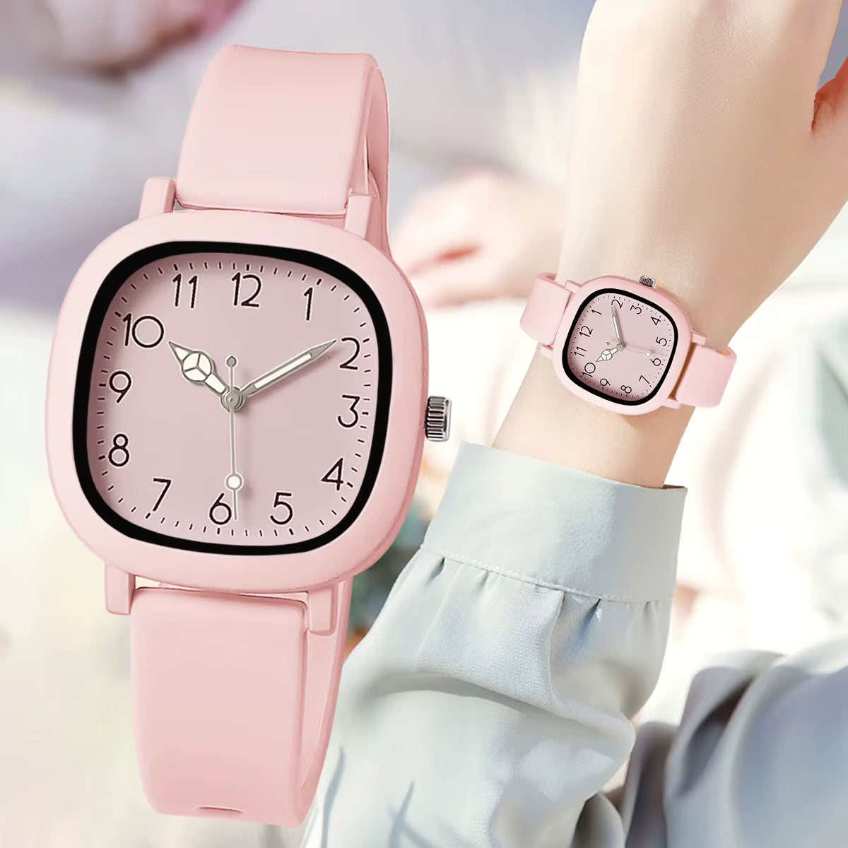 Relógio feminino rosa quadrado com mostrador delicado e pulseira silicone