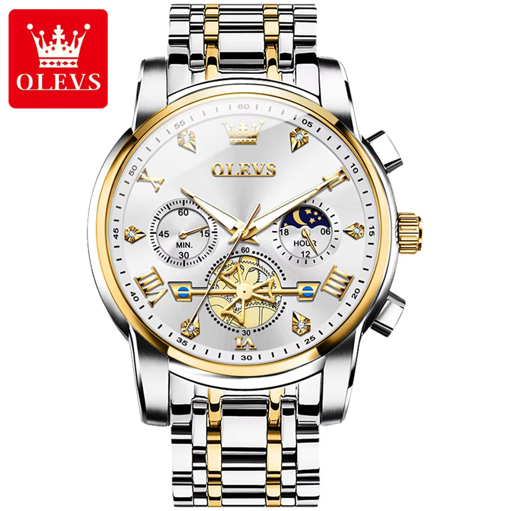 Relógio masculino OLEVS branco dourado com cronógrafo e fase da lua