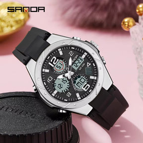 Relógio SANDA preto prateado com mostrador digital e pulseira silicone.