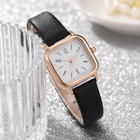 Relógio feminino minimalista com pulseira de couro preto e mostrador branco