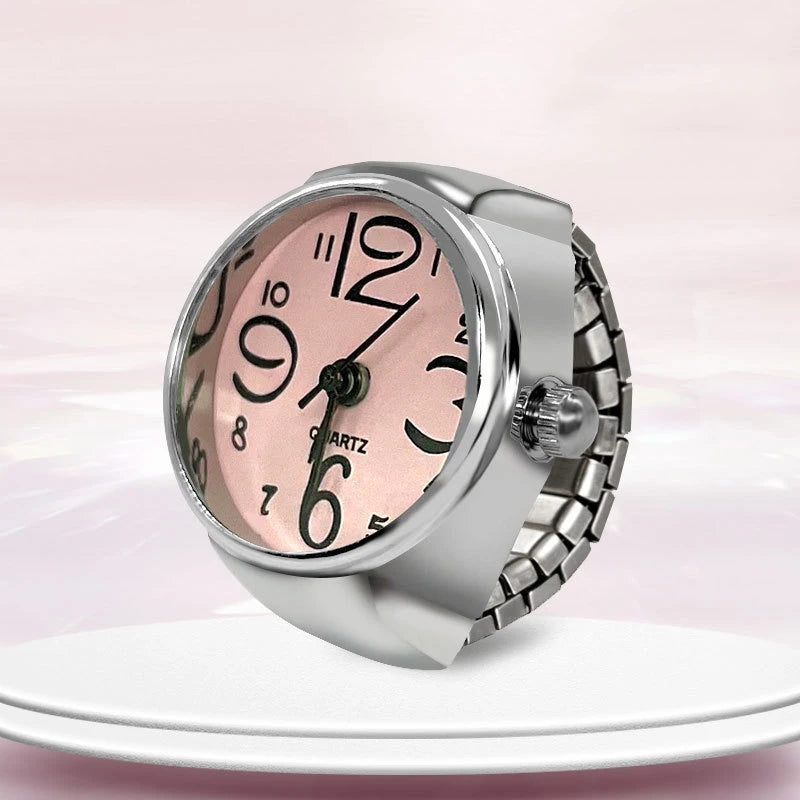 Anel-Relógio Quartzo Rosa com mostrador delicado e pulseira ajustável