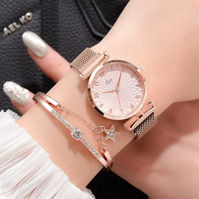 Relógio feminino rosa com pulseira strass rosé gold conjunto elegante.